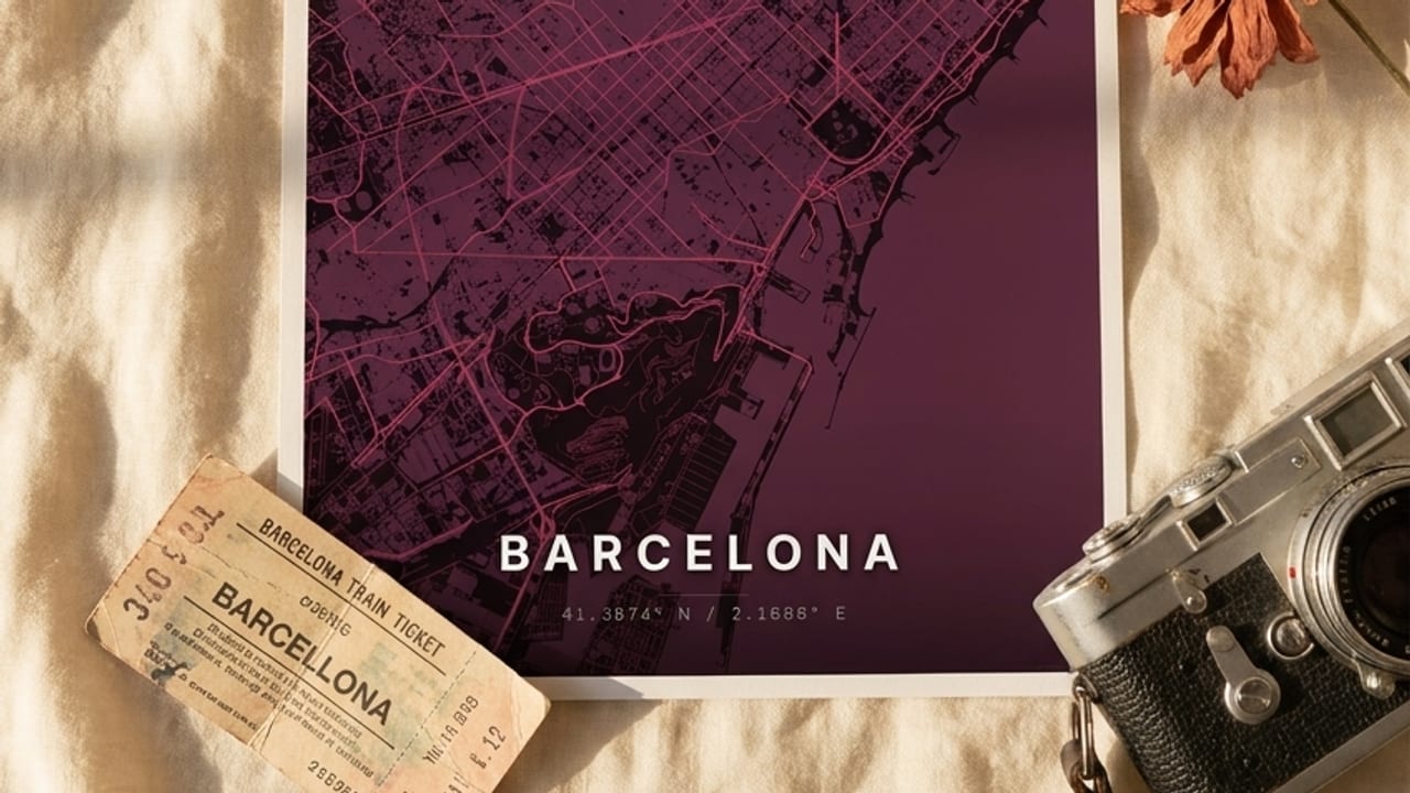 Barcelona-Kartenposter auf Leinen mit Kamera, Ticket und Blume